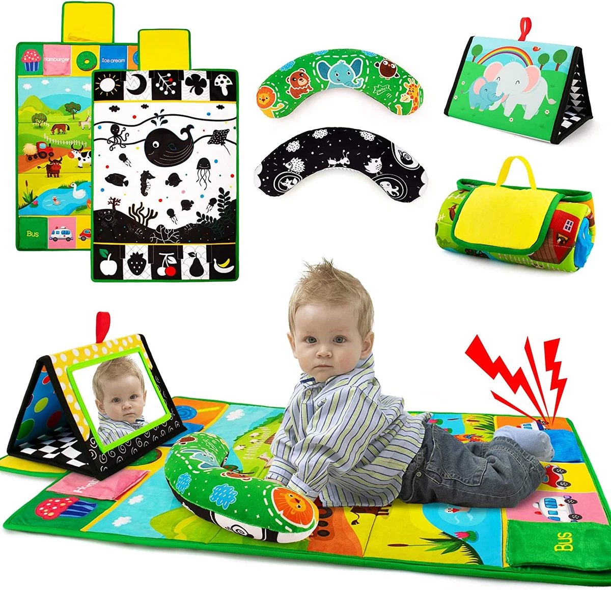 Tummy Time Mirror Play Activity Mat Pillow 3 In 1 High Contrast