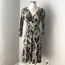 Ann Taylor Womens 6 Stretch V Neck Paisley Print Dress Long Sleeve