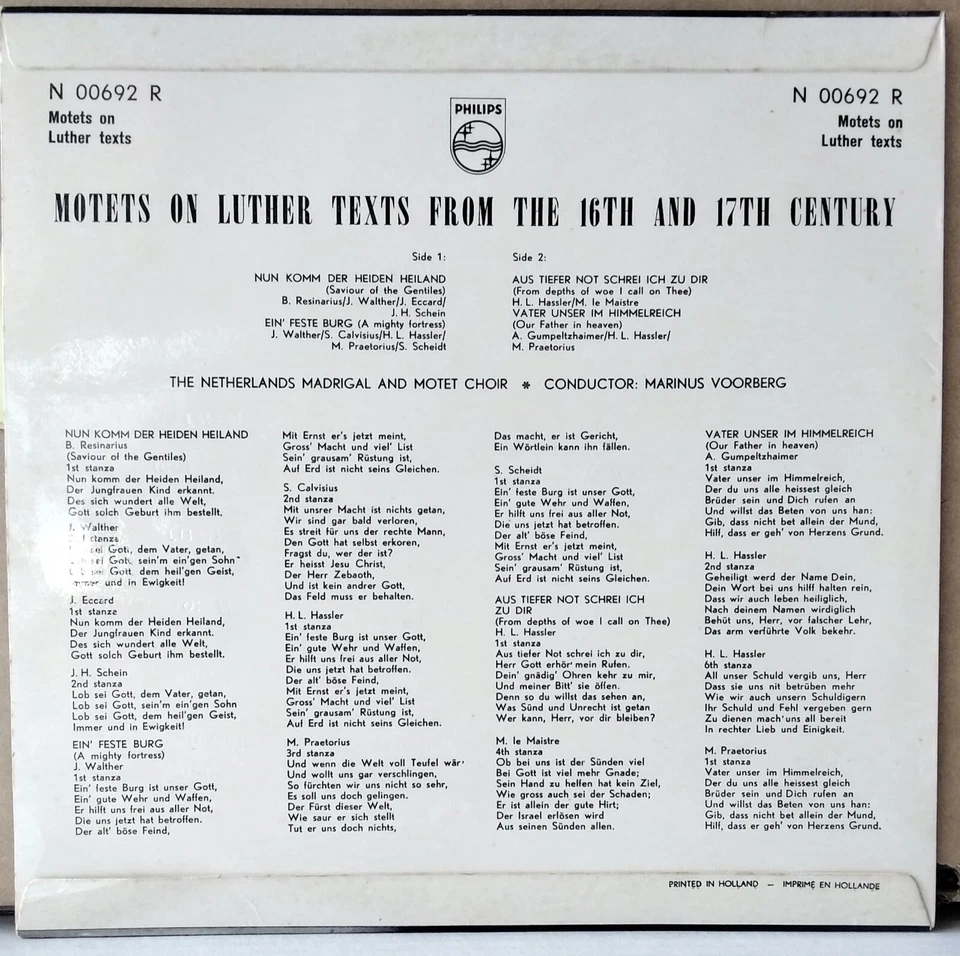 PHILIPS A 00692 R HOLLAND 10"LP MOTETS ON LUTHER TEXTS FROM THE 16TH &17th CENT  - Image 2 of 3