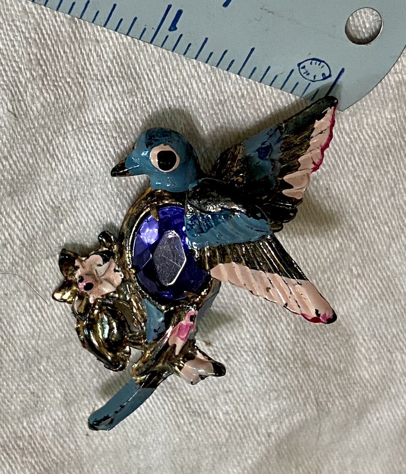 Vintage Retro Painted Blue Bird Pin With Large Fa… - image 1