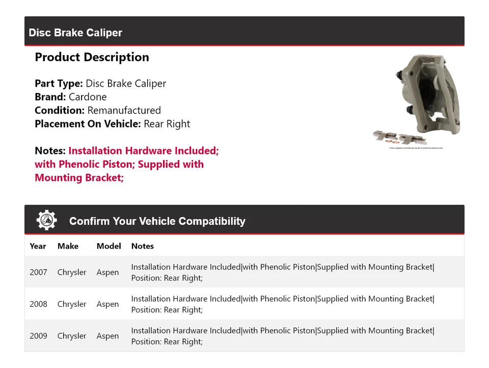Pinza de freno de disco trasera derecha Cardone 2008 para Chrysler Aspen 2007-2009 Foto 2 de 4