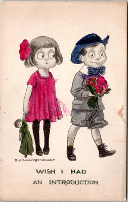Wish I had an Introduction - 1911 Humorous Hand Colored Postcard- Boy Girl Doll