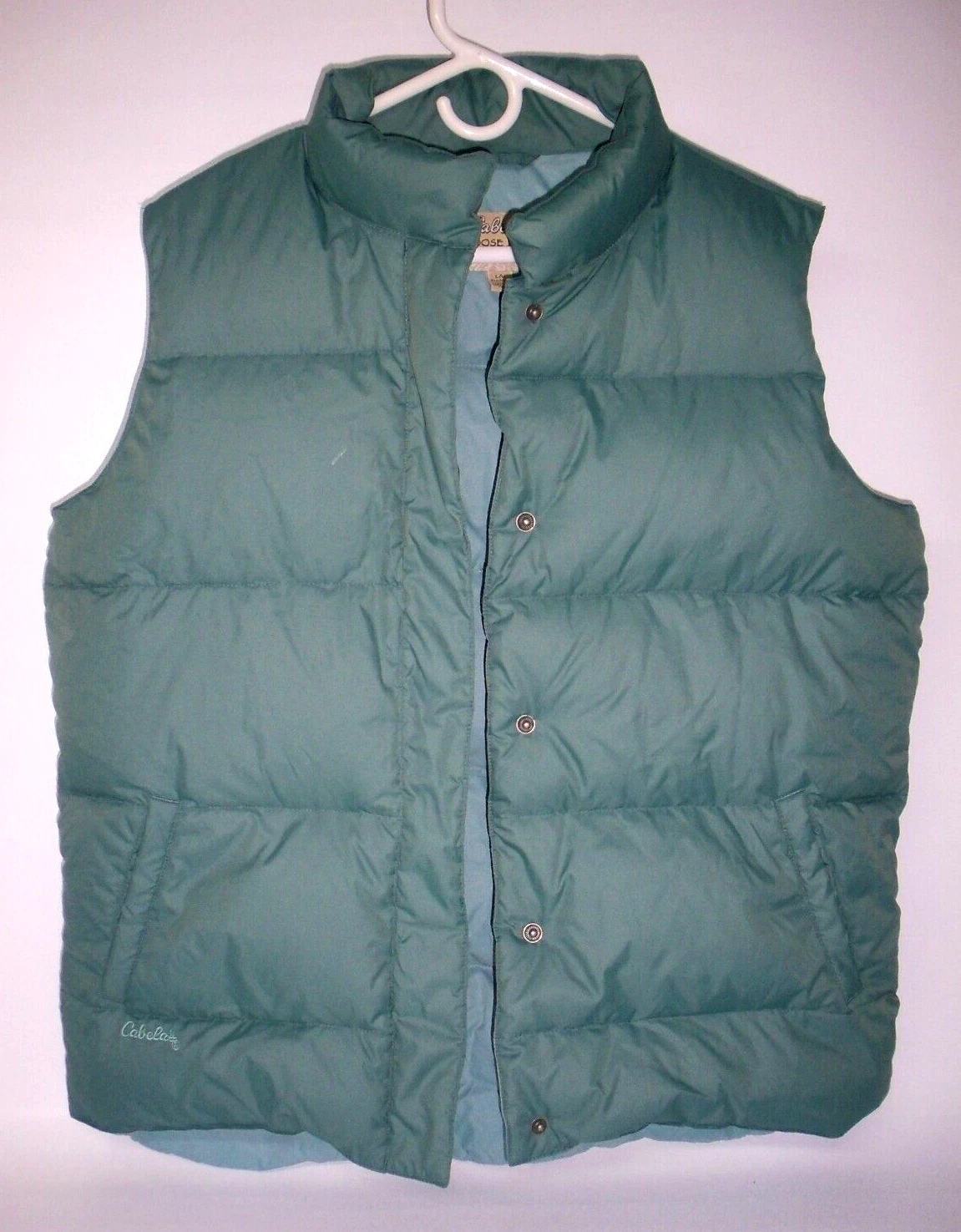 Cabela's Moss Green 550 Goose Down Sleeveless Snap Vest Size Large Regular