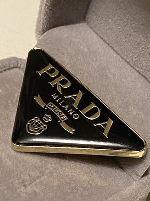 Prada enameled-metal triangle Gold logo brooch pin -Black Jewelry