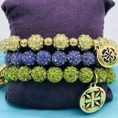 Rustic Cuff 3 Pc Crystal Bracelet Stack Lime Green Blue Violet Goldtone Pouch