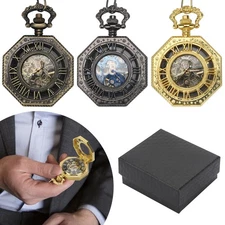 Men's Vintage Men  Octagon Skeleton Hand-Winding Mechanical Pocket Watch Chain