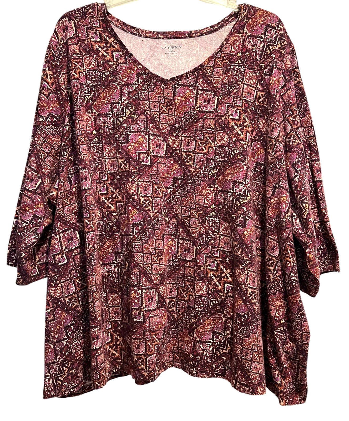 Catherines Top Size 4X 30 32W Burgundy Geometric V Neck 3/4 Sleeve Cotton Blend