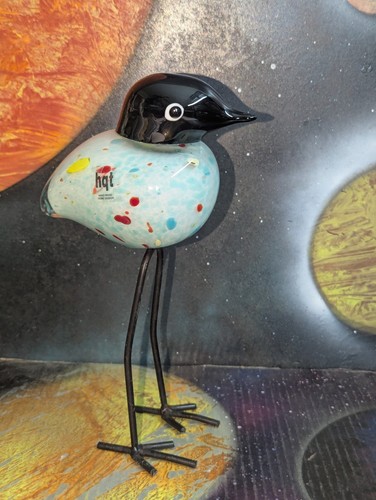 10" HQT Glass Bird Sculpture Figure Murano Style Hand Blown Blue Metal Long Legs - Picture 6 of 23