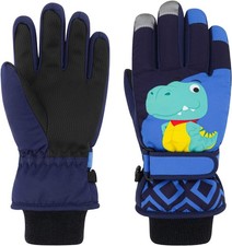 Kids Ski Gloves, Waterproof Winter Warm M 7-9 Years , Navy Blue - Dinosaur
