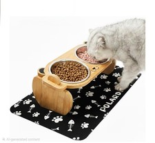 Bol à nourriture et eau surélevé en bois incliné pour chat avec tapis