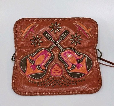 III Parcel Orange Leather Shoulder Bag Guitar Purse Retro 90s Gold Studded *Read