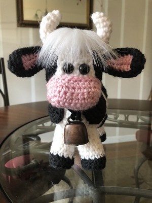 HAND CROCHETED-- Black&white BABY COW-w/ Cow Bell - 9  Tall- NEW---AMIGURUMI