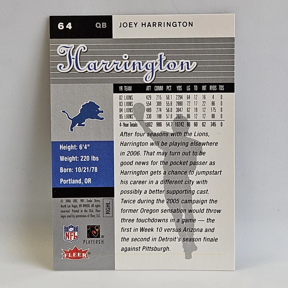 2006 Fleer Ultra JOEY HARRINGTON #64 Football Card - Detroit Lions - Image 2 of 2