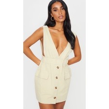 PrettyLittleThing Pinafore Dress Women Size 8 Beige Cotton Utility Button Mini