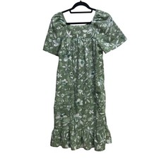 Green Floral Square Neck Puff Sleeve Ruffle Hem Knee Length Dress with Pockets