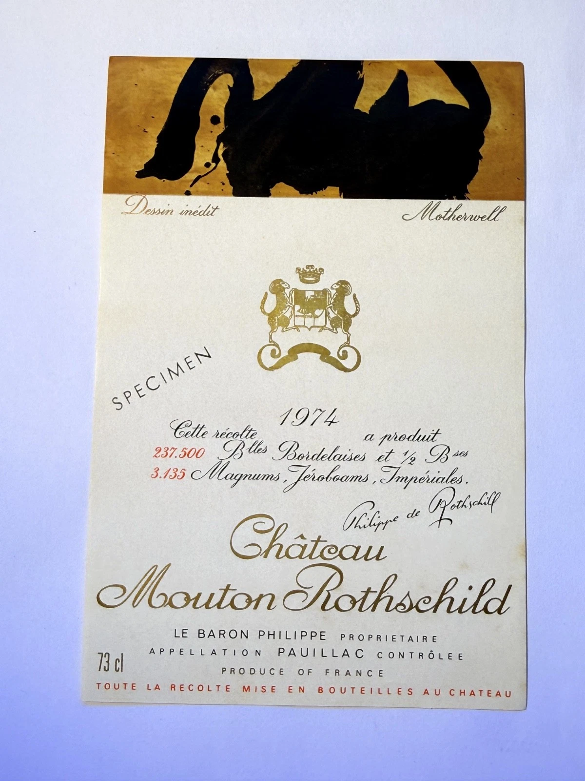Étiquette De Vin Château Mouton Rotschild Spécimen 1974