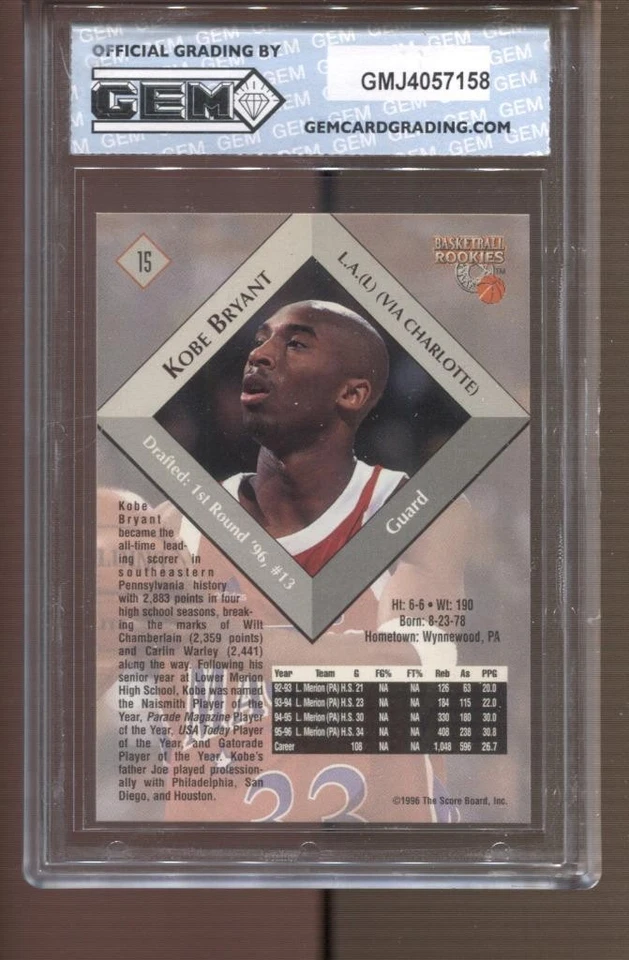 1996 Kobe Bryant Score Board #15 Gem Mint 10 RC LA Lakers GOAT HOF MVP - Image 2 of 2