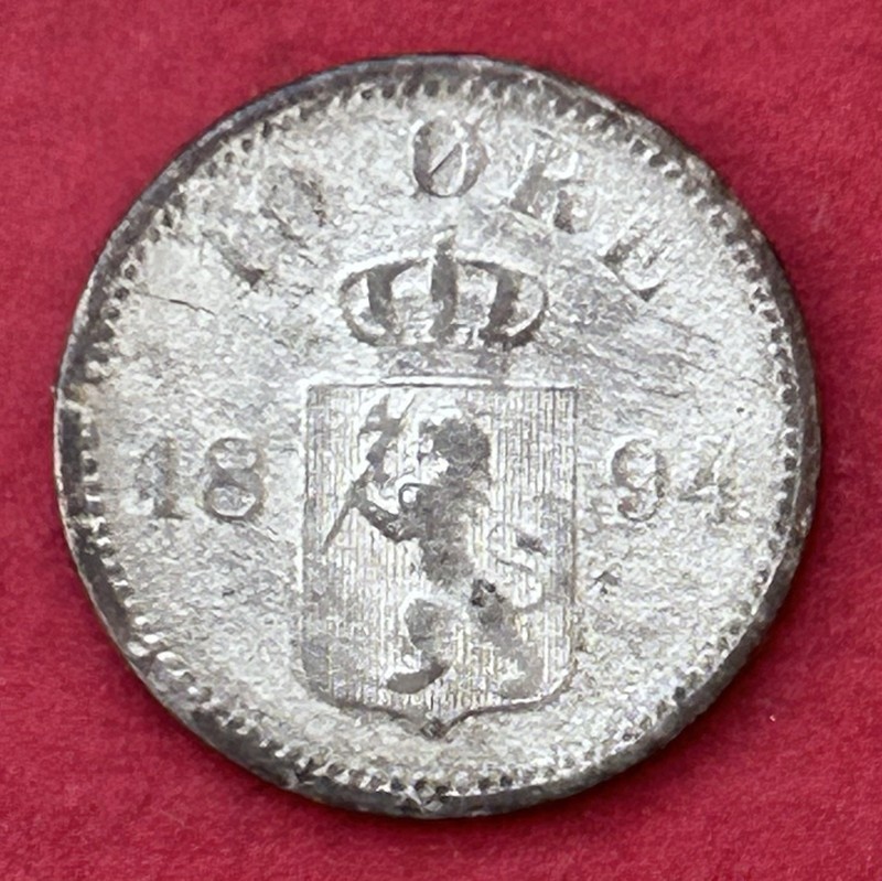 1894 Norway 10 Ore Billon Silver Coin 