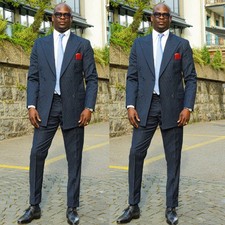 Striped Men's Suits Navy Blue Double Breasted Peak Lapel Formal Wedding Tuxedo