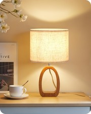 Small Table Lamp, 14.2" Cute Little Desk Lamp, Wood Bedside Lamp with Linen L...
