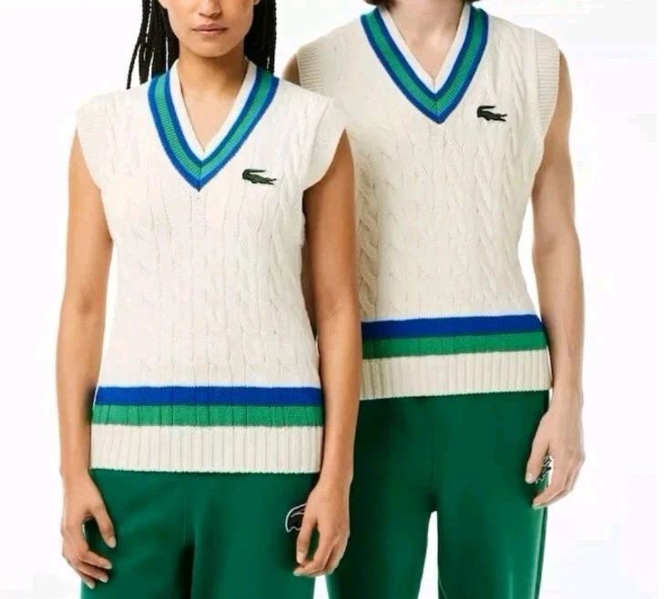 LACOSTE Unisex Cable Knit Wool Vest V-neckline White Sweaters Sweatshirts - Image 4 of 4