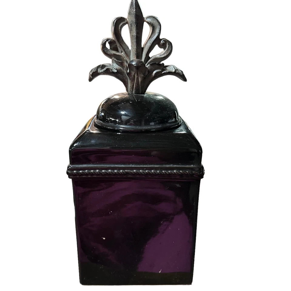 Conjunto de 2 latas estilo toscano roxo preto Fleur De Lis decoração de pergaminho 5,5 x 12 - Imagem 2 de 4