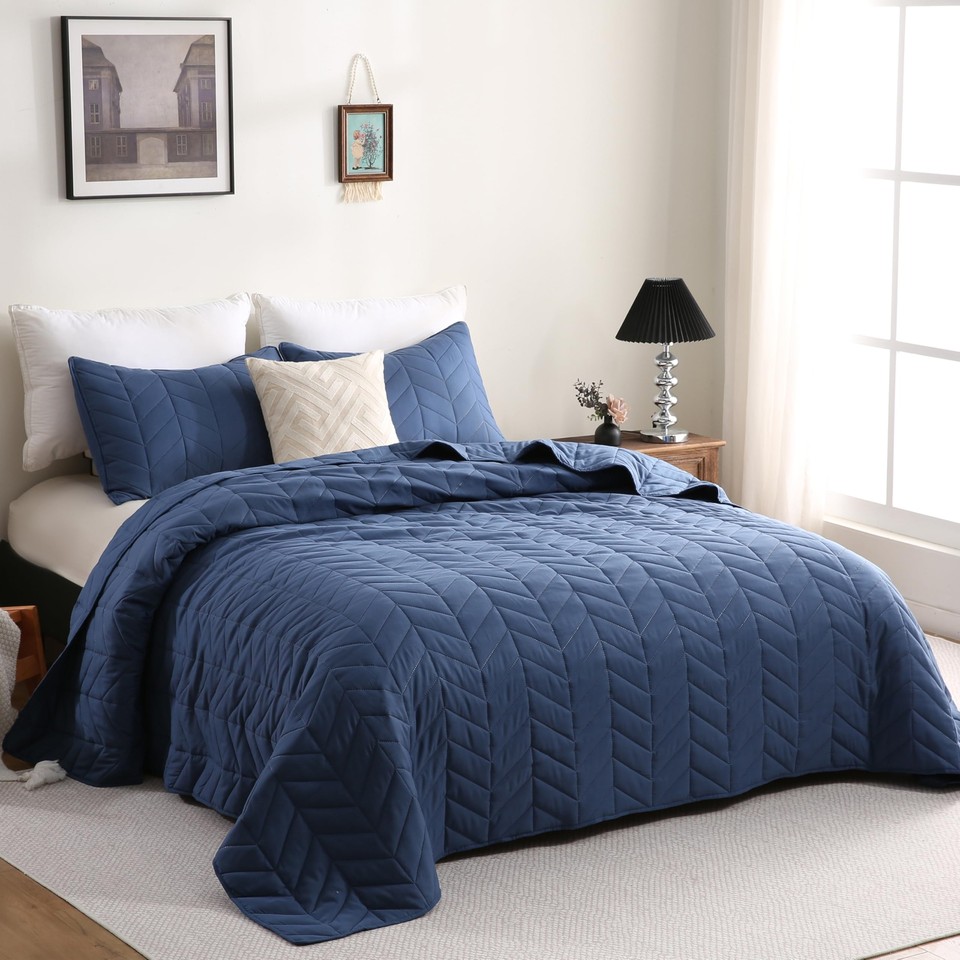 DOWNCOOL Blue Queen Quilt Bedding Set, 3Pcs Queen Quilt Set with