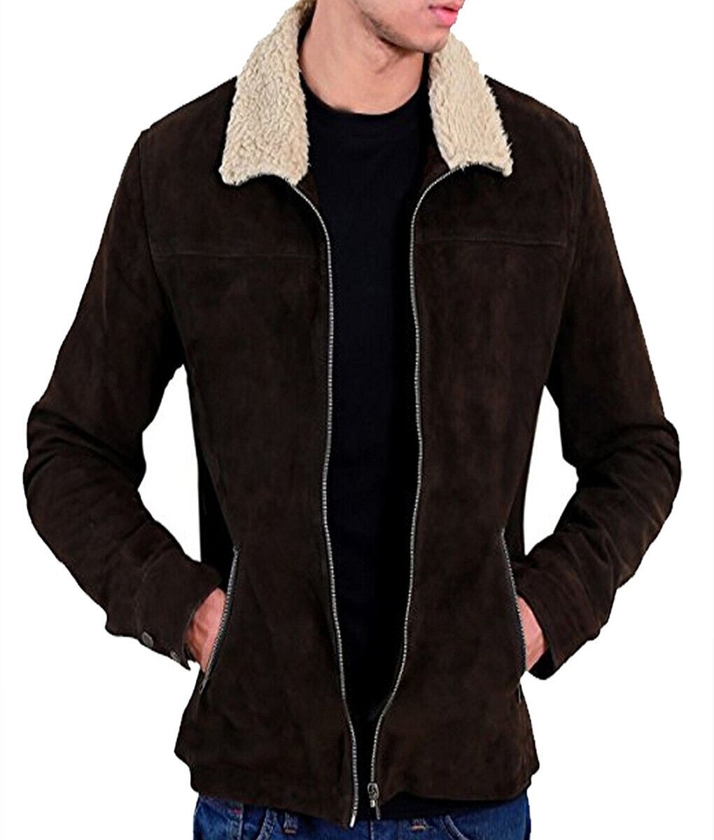 Men's Original Suede Leather Jacket Brown Fur Collar Coat