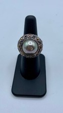 Vintage Sterling Silver Dome Ring w/gold accents and simulated grey Pearl Stone