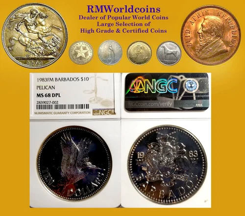 Barbados 1983 10 Dollars, NGC SP 68 DPL, 141 struck, Pop 1, Highest Graded, Rare
