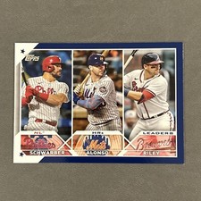 2023 Topps #178 NL HRs Leaders Schwarber Alonso Riley Retail Royal Blue Parallel
