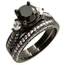 Women's Black Three Stone Solid Sterling Silver Nicely Wedding Ring Band Set