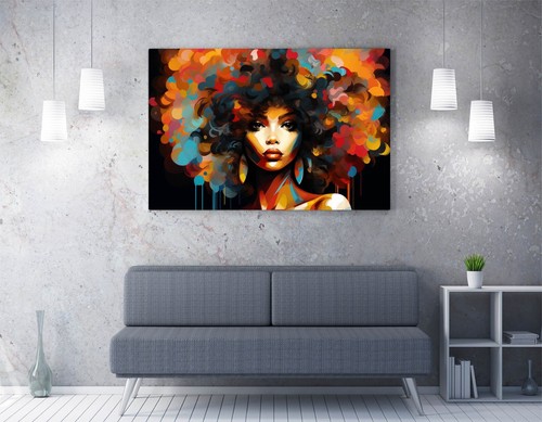 BLACK LADY WITH BIG RAINBOW AFRO PAINTING -FRAMED CANVAS WALL ART PICTURE PRINT - Picture 2 of 2