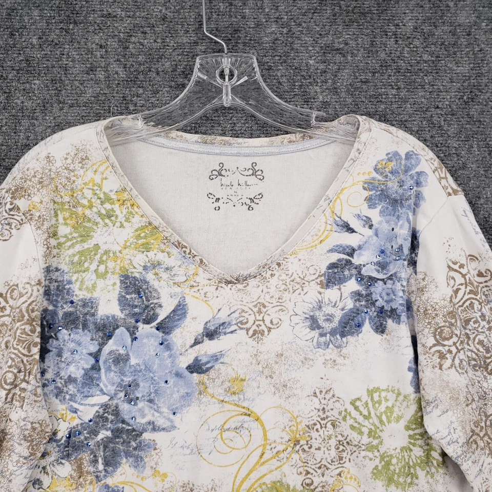 Camiseta Nicole Miller Mujer XL Blanca Manga 3/4 Cuello en V Cuentas Y2K Floral Foto 3 de 4