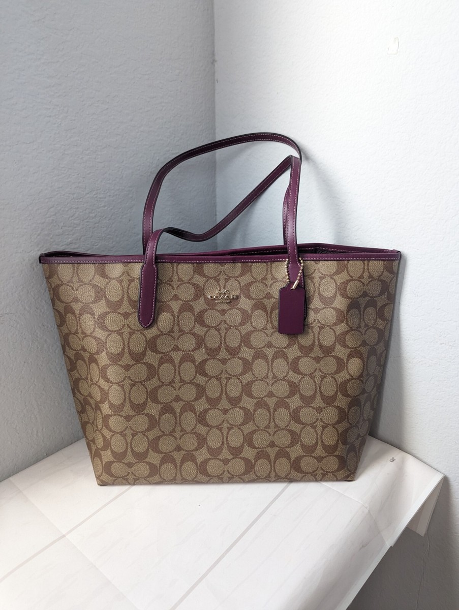 Coach 5696 City Tote Women Shoulder Handbag Signature Canvas/Khaki/Deep  Berry