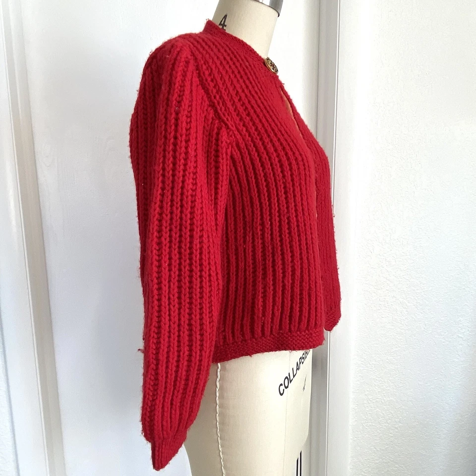 Cárdigan Suéter Vintage Años 50 60 Rojo Lana Recortado Un Botón Grueso Tejido S Foto 3 de 4