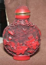 Antique 19C Chinese Qianlong Cinnabar Lacquer Carved Carving Snuff Bottle Flower