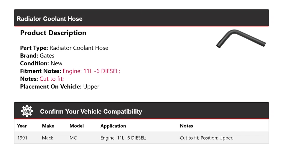 Manguera de refrigerante de radiador diésel Mack MC 11L 1991 -6 puertas superiores Foto 2 de 4
