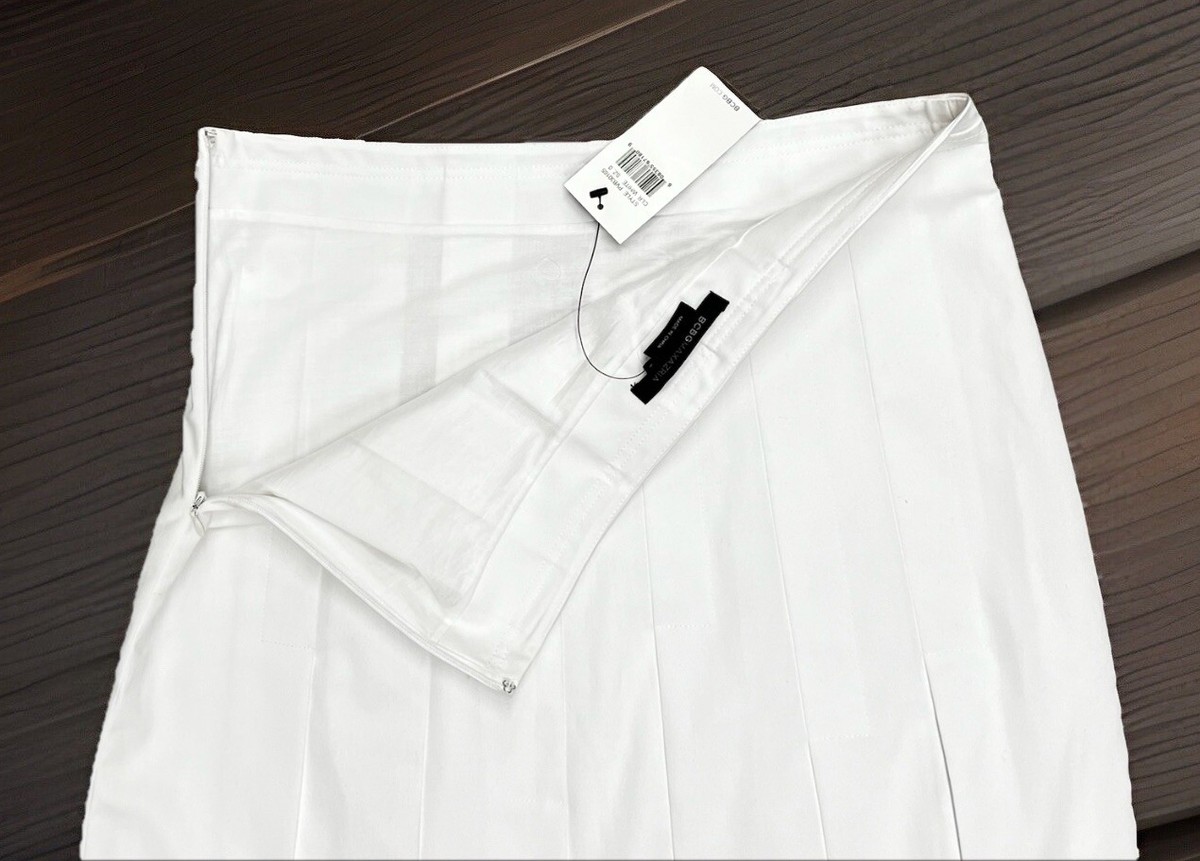 【THE MOZZ】Baja Banding Pleated Skirt BCBG MAXAZRIA Women's White Fully Lined Knee Length Pleated