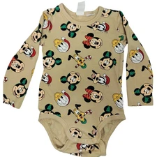 Disney Mickey Mouse Christmas Long Sleeve Baby Snap Tan Cartoon Print Size 12M
