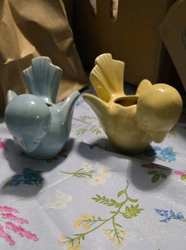 2 Vintage Shawnee Small Planter Yellow and blue Bird Ceramic  usa
