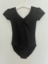 Danskin Kids Girls Solid Black Nylon Pleated V-Neck Short Sleeve Leotard XS 4-5
