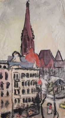 Gerhard Schulte-Dahling Stadt Ansicht Kirche Expressionismus sign Aquarell - Bild 1 von 3