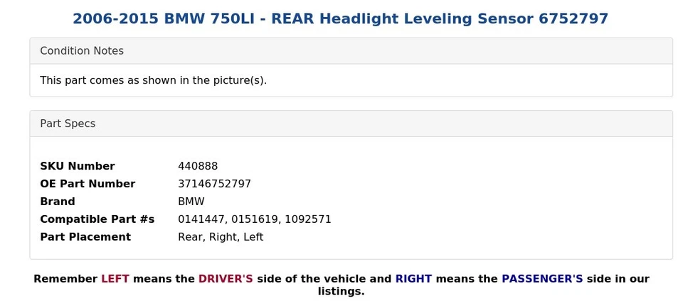 BMW 750LI 2006-2015 - Sensor de nivelación de faros traseros 6752797 Foto 4 de 4