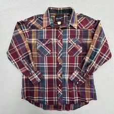VINTAGE Wrangler Shirt Mens 17.5 35 Red Plaid X Long Tails Western Pearl Snap