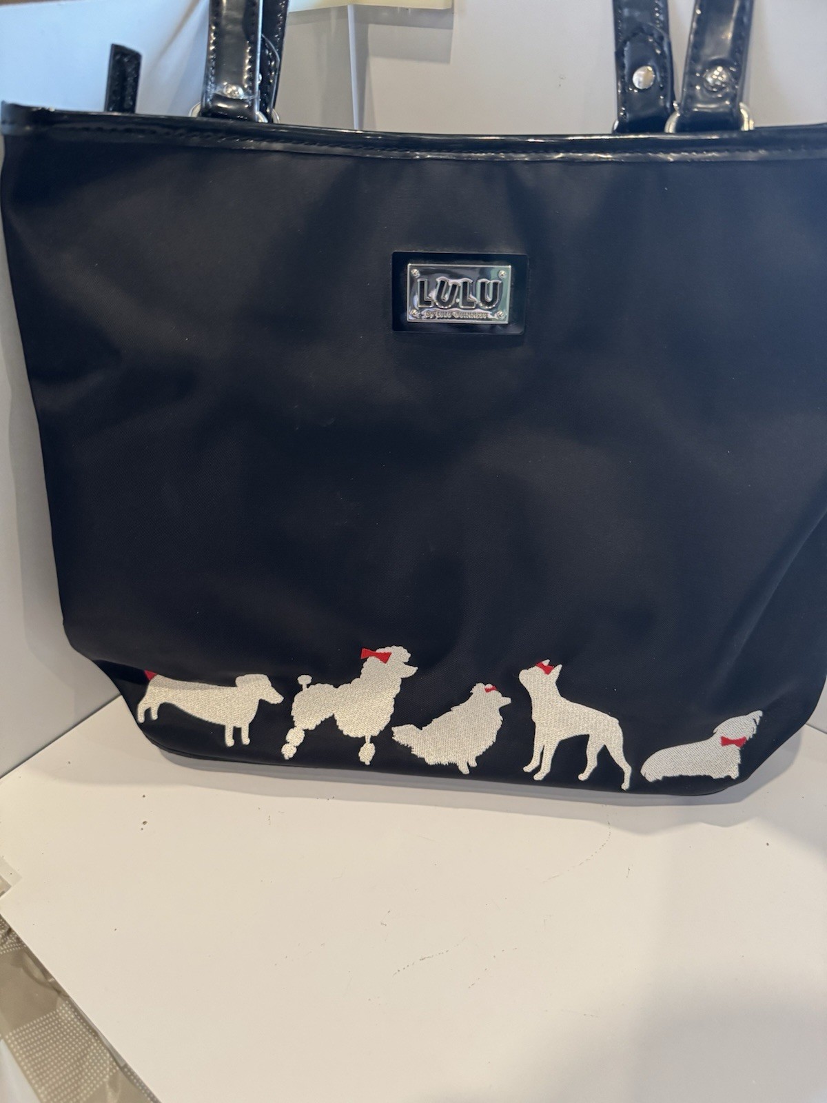 LuLu Guinness Black Tote Handbag Purse Dogs Life Poodle Dachshund Boston Pom
