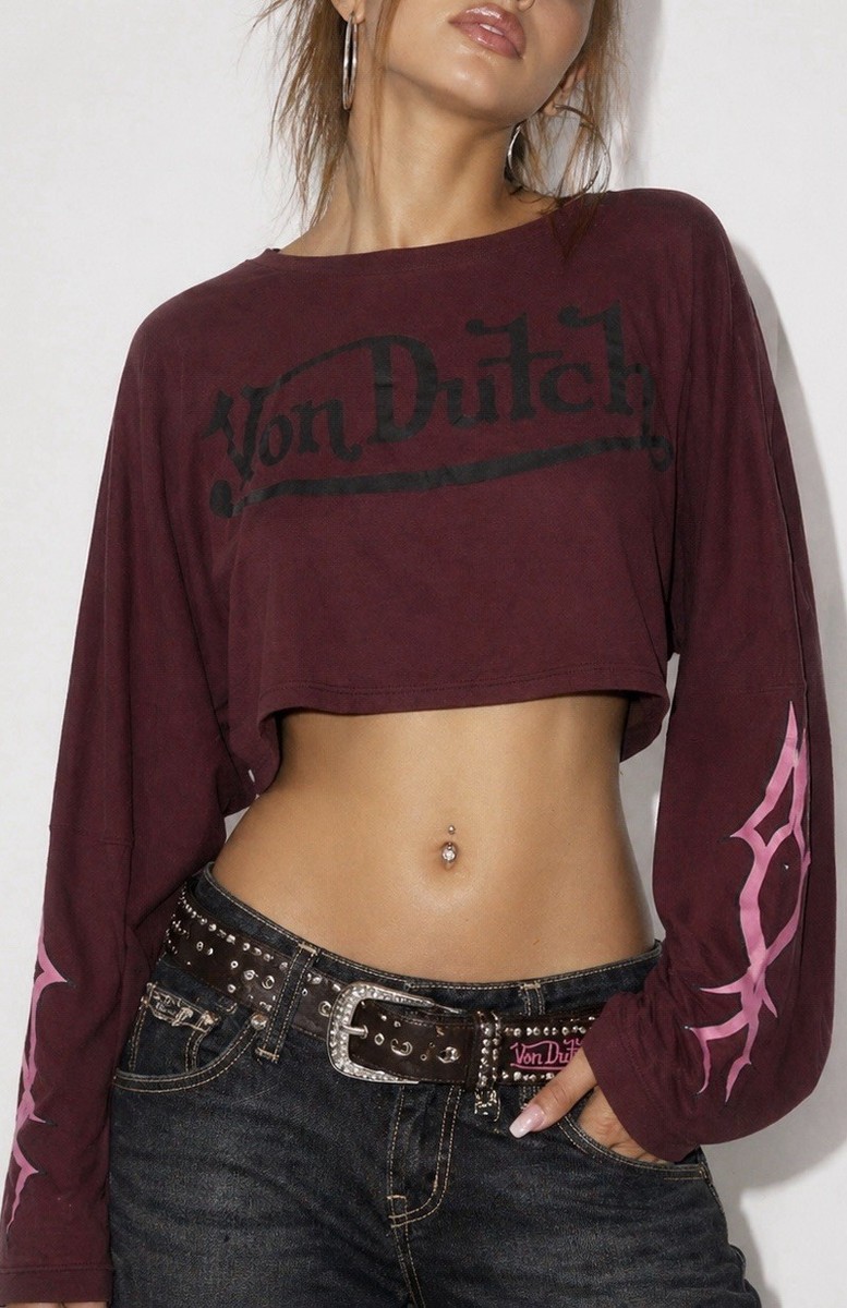Von Dutch Y2K Cropped Long Sleeve Shirt Women L Baby Tee T