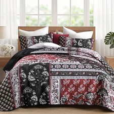 Patchwork Quilts King Size Reversible Black Red Boho Floral Quilt Bedding