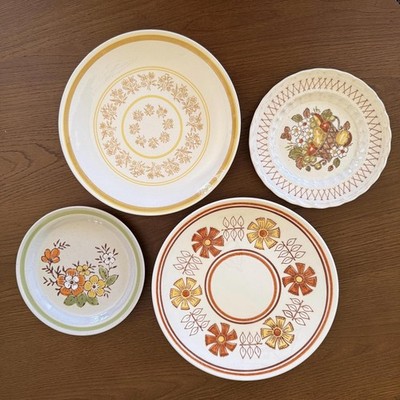 Eclectic Vintage Floral Plates Set   Brown & Yellow Dinnerware Mix & Match