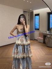 2026 summer fashion retro printing wavy back cross strap long suspender dress